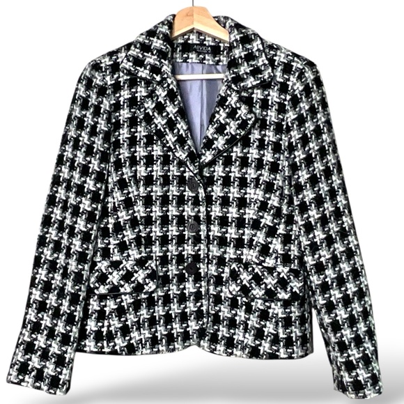 ARVIDA Wool Blend Houndstooth Tweed Blazer Fully Lined Front Flap Pockets Sz 8 - Picture 3 of 9